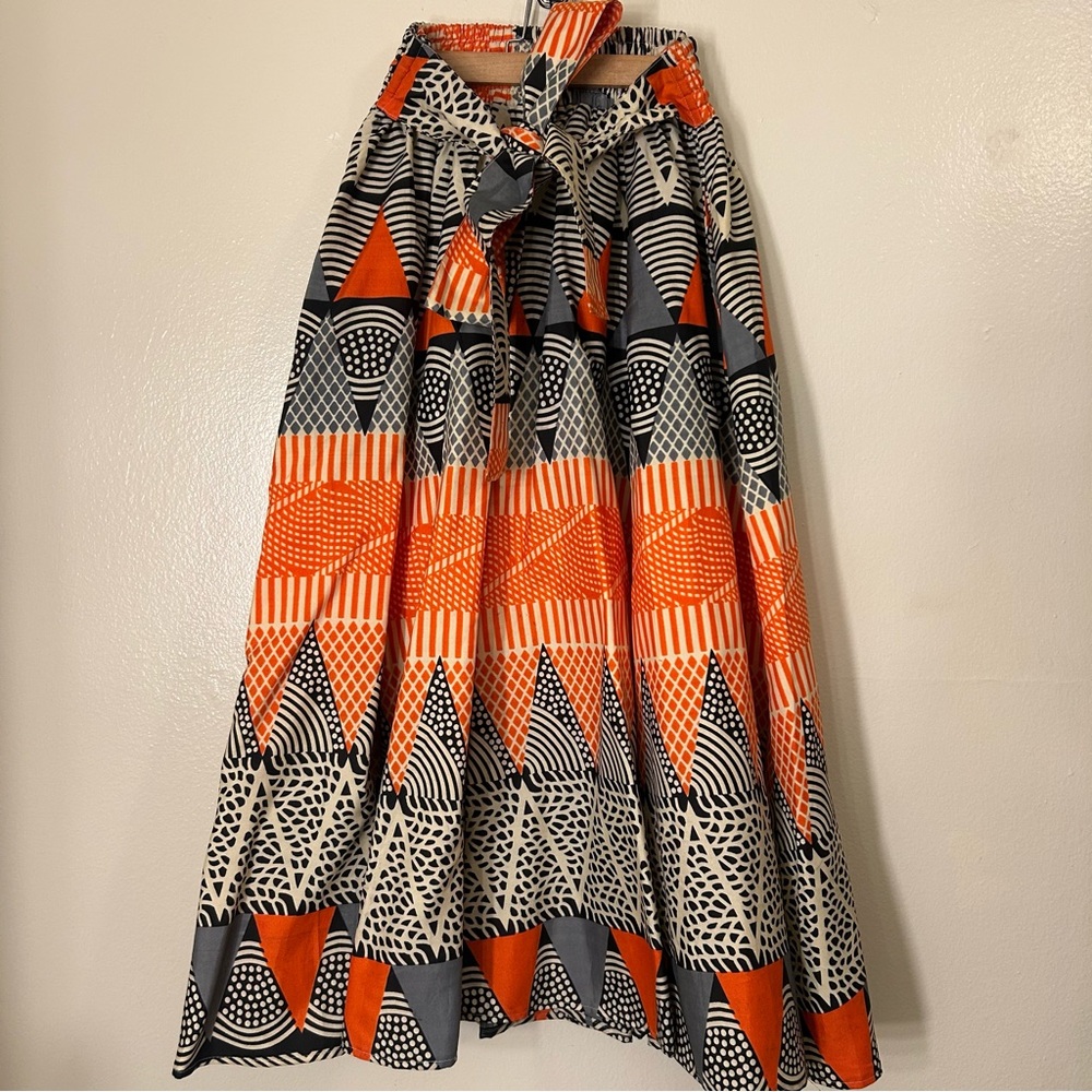 Vibrant Orange and Black Geometric Patterned Women's Wax Skirt